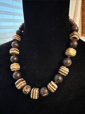Bohemian Handcrafted Brown and Cream Wooden Bead Necklace
